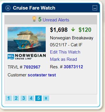 Cruise fare watch showing a variety of important information.