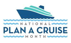 Cartoon boat sailing on water promoting national plan a cruise month.